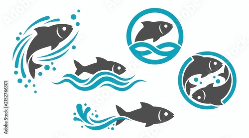 Vibrant minimalist fish icons set with water waves for branding and web design projects.