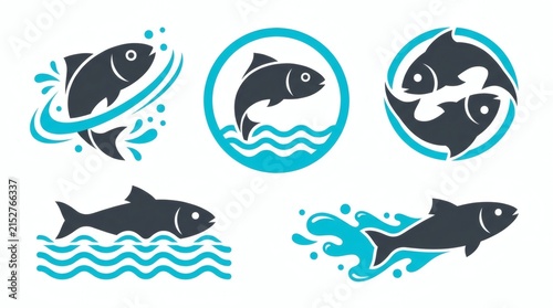 Modern flat design fish icons set for branding, marketing, and web projects.