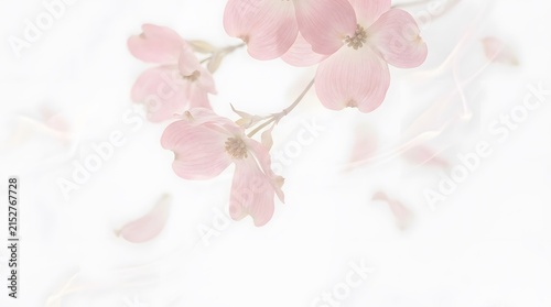 Soft ethereal pink dogwood flowers falling on dreamy white background for romantic mood.
