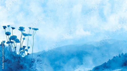 Minimalist blue watercolor landscape background with wild flowers