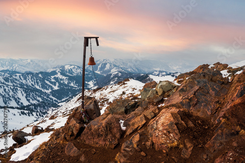 Winter mountain landscape on Bukreev peak in the mountains of central Asia at sunset.