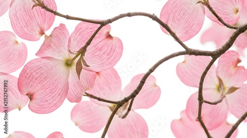 Close up of pink dogwood flowers on wooden branches against clear sky for nature concept.