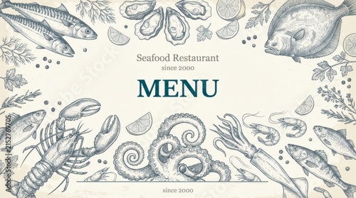 Elegant vintage seafood restaurant menu design with ornate marine illustrations