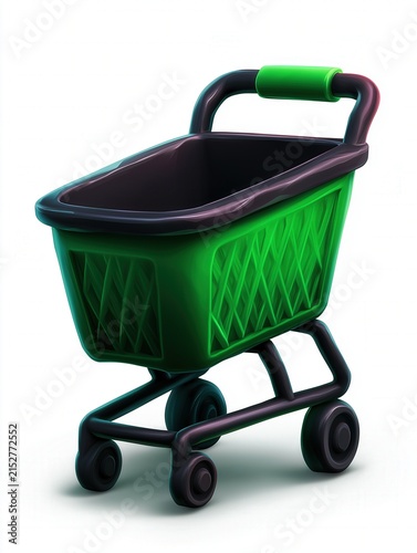 A stylized 3D lime green shopping cart icon with a matte finish, perfect for e-commerce, retail, and online shopping web or mobile application designs.