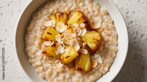 Delicious caramelized pineapple oatmeal topped with coconut flakes in white bowl