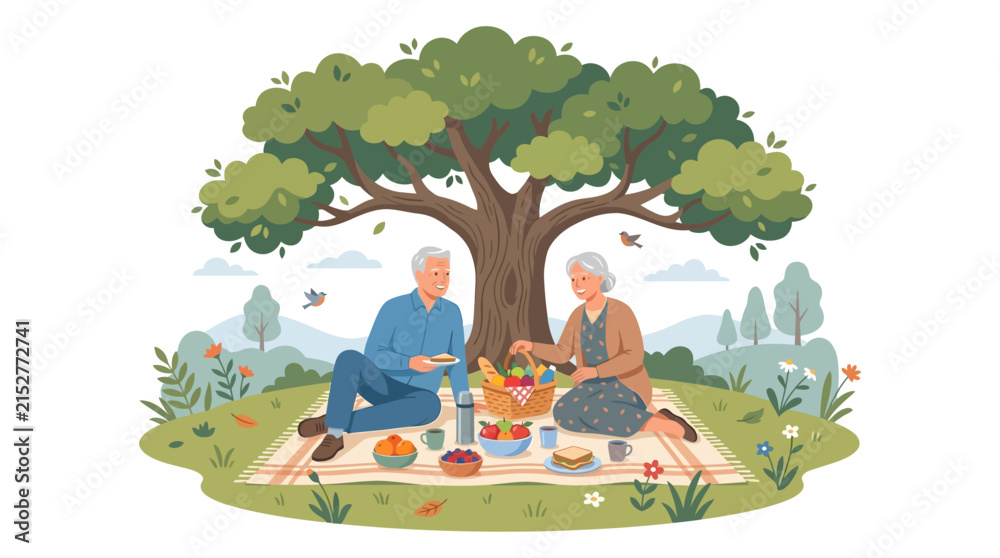 Obraz premium Happy senior couple enjoying romantic picnic under large leafy tree in nature park flat vector illustration.