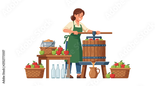 Smiling female farmer pressing fresh apple juice with traditional wooden equipment at harvest flat vector element.