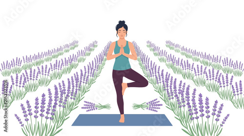 Young woman practicing tree yoga pose in purple lavender field for wellness and mindfulness flat vector illustration