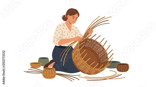 Skilled woman artisan weaving a large wicker basket using traditional craft techniques flat vector element