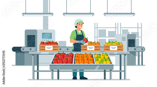 Female worker sorting organic colorful bell peppers on a factory production line flat vector illustration