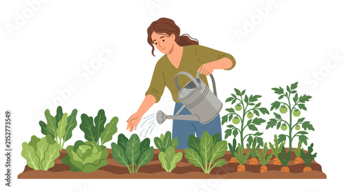 Young woman watering organic vegetable garden plants in farm soil flat vector element.