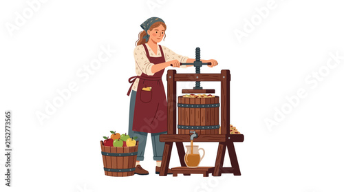 Artisan woman pressing fresh apples with a traditional wooden cider press for organic juice flat vector element