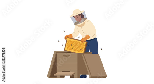 Female Beekeeper in Protective Suit Inspecting Honeycomb Frame from Apiary Beehive Flat Vector Illustration