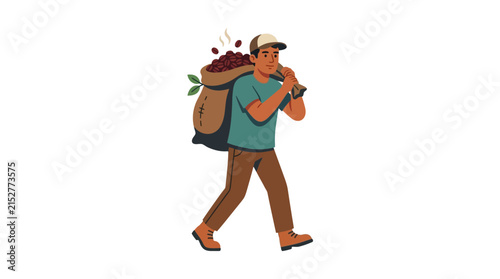 Hardworking male coffee farmer carrying heavy sack of roasted beans on shoulder flat vector element
