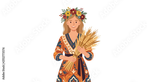 Beautiful woman wearing floral crown holding wheat stalks for harvest festival flat vector element