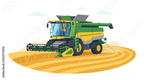 Agricultural combine harvester machine driven by farmer harvesting golden wheat crop field flat vector illustration.