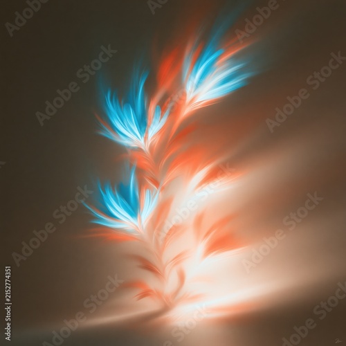 An ethereal watercolor painting featuring soft, fluid strokes in shades of blue, orange, and white, creating a delicate floral shape against a dark background.