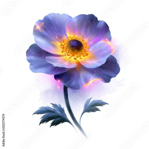 A beautiful and delicate watercolor painting of a blue spring flower featuring a glowing golden center and magical sparkling light effects, isolated on a white background.