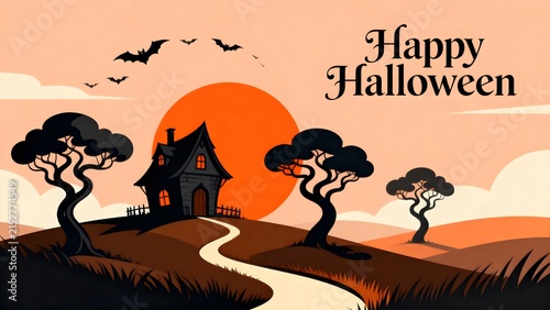 Happy Halloween Haunted House Landscape with Orange Moon and Flying Bats