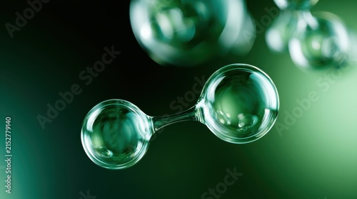 Molecular structure of hydrogen with two atoms joined together. The image is dark with green tones and highlights
