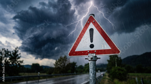 Weather alert warning sign with exclamation mark during severe thunderstorm with lightning and heavy rain representing safety hazard
