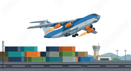 Large cargo transport airplane taking off over shipping containers and airport control tower flat vector illustration.