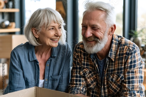 Elderly couple smiling happily while unpacking boxes in their new home near large windows