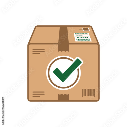 Cardboard parcel box with green check mark icon indicating successful delivery on white background