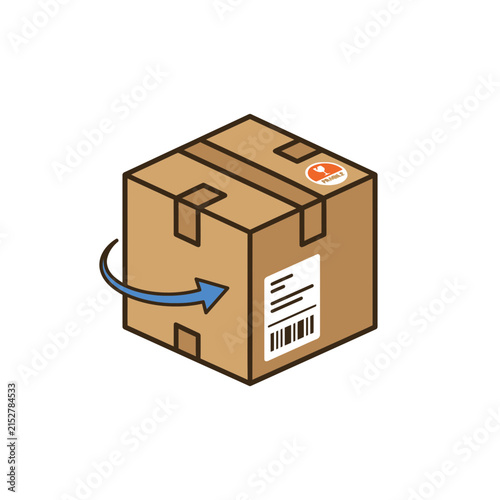 Isometric Cardboard Shipping Box with Blue Return Arrow and Fragile Label for Logistics Industry