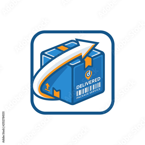 Logistics and Delivery Service Icon Featuring a Blue Box with Fast Moving Arrow and Barcode Logo