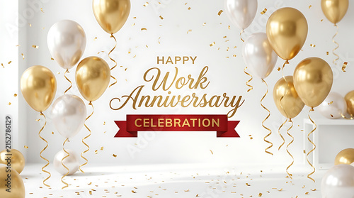 Gold and white balloons with confetti celebrating work anniversary