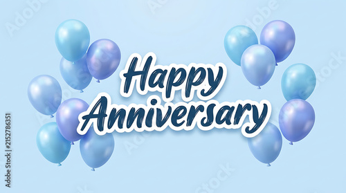 Happy Anniversary text with blue and purple balloons