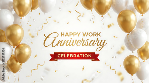 Gold and white balloons with confetti and text anniversary