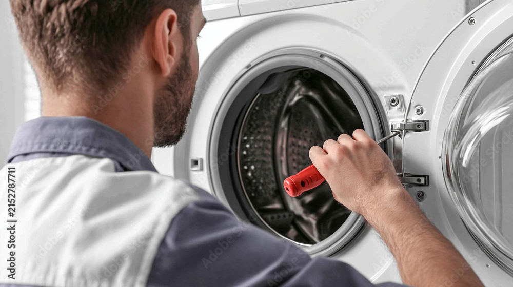 Obraz premium Appliance Repair: A skilled technician uses a screwdriver to repair the drum of a washing machine, showcasing expertise in household appliance maintenance and service.