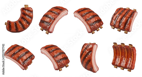 grilled ribs in various angles on white background for culinary and food related purposes