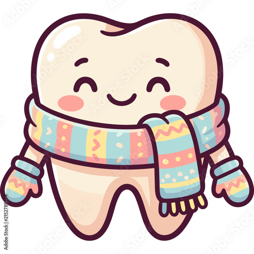 Cute Cartoon Tooth Character Wearing a Scarf and Mittens: A charming, anthropomorphic tooth character with rosy cheeks and closed eyes exudes happiness, wrapped cozily in a colorful.