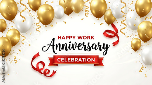 Gold and white balloons with confetti and ribbons celebrating work anniversary