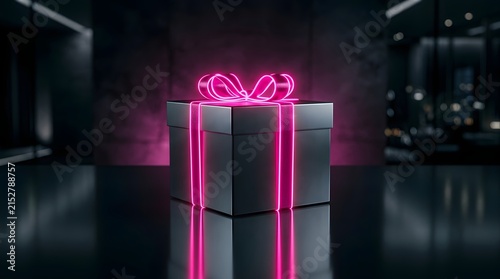 Neon pink ribbon gift box on dark reflective surface