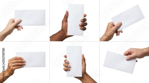 Set of diverse human hands holding blank white envelopes and DL paper cards from various angles on a clean white background for postal letter and mail mockup templates