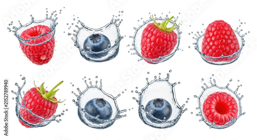 berries and water splash on white background food health and wellness content