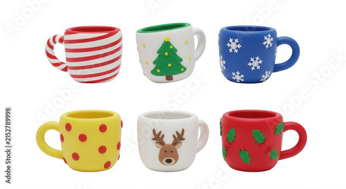 festive mugs arranged on a white backdrop colorful designs and seasonal holiday decorations e commerce or product presentation