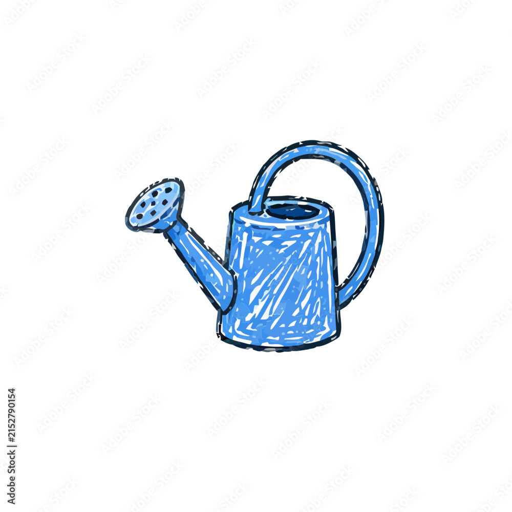Obraz premium Blue watering can illustration, hand drawn garden tool icon for spring planting projects.