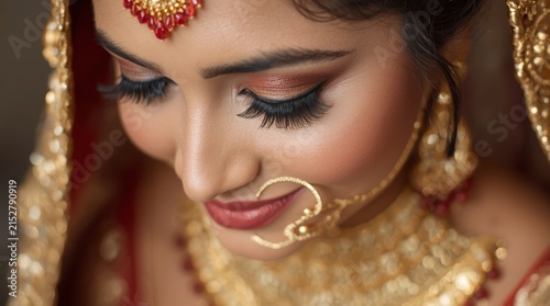 Close Up Portrait of Beautiful Indian Bride in Traditional Wedding Attire and Gold Jewelry Ornaments