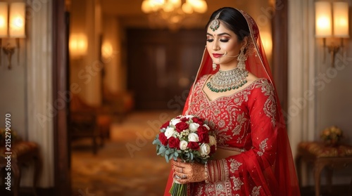 Beautiful Indian Bride in Traditional Red Lehenga Holding a Flower Bouquet in a Luxury Interior Hall