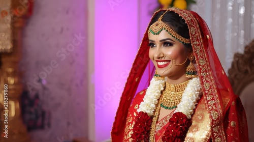 Beautiful Smiling Indian Bride in Traditional Red Wedding Attire and Luxurious Gold Jewelry