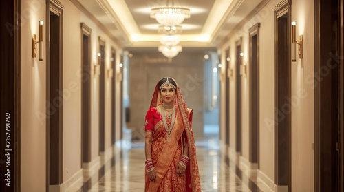 Portrait of a Beautiful Indian Bride in Traditional Red Bridal Saree Standing in Luxury Hotel Hallway
