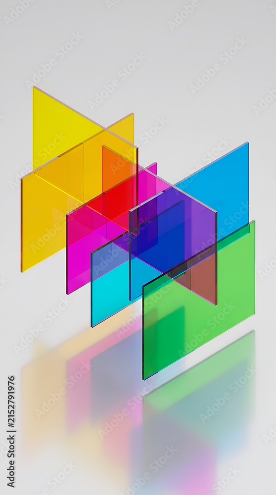 Fototapeta premium Abstract colorful translucent rectangular shapes casting vibrant shadows.
