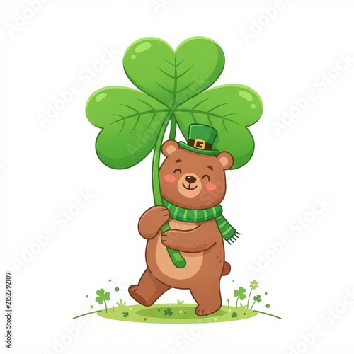 Cute bear with leprechaun hat holding a giant clover