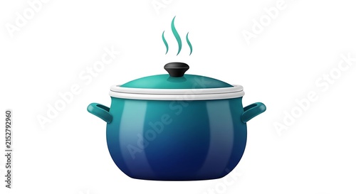 A blue enameled cooking pot with a lid and rising steam, isolated on a white background, 3d rendered kitchenware for cooking and food