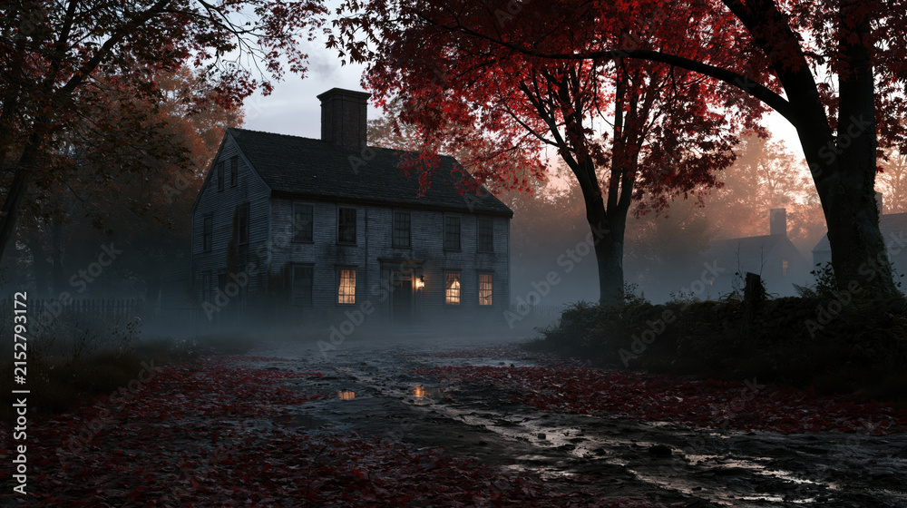 Fototapeta premium Historic haunted house in misty autumn forest, eerie evening scene with red leaf tree, fog, and dim light
